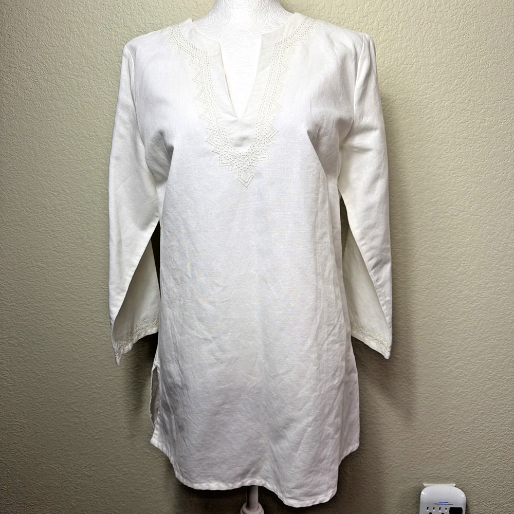 La Redoute White Linen V-Neck Kaftan Shirt Womens M 8 Embroidered Boho Tunic Top